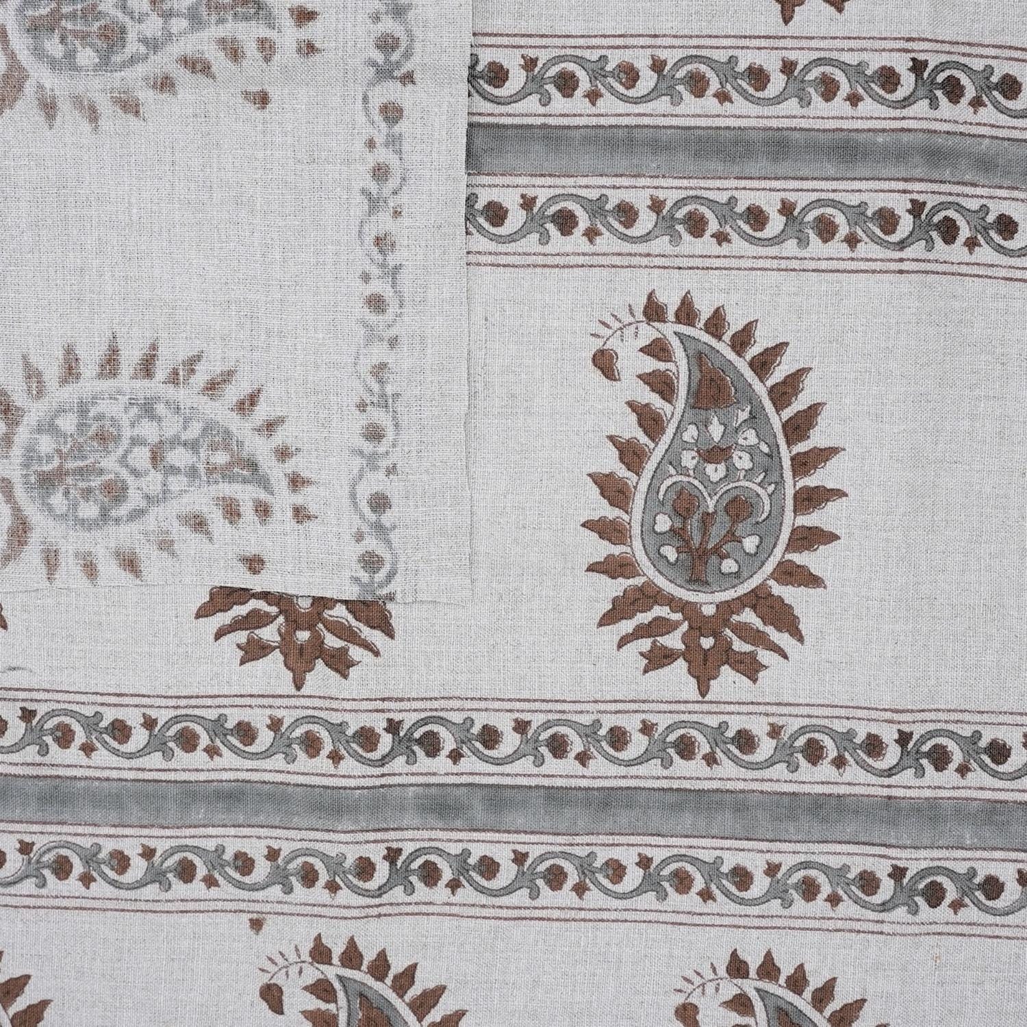 Handcrafted Brown and Gray Floral Cushion Fabric on Pure Linen with Basant Bela Design