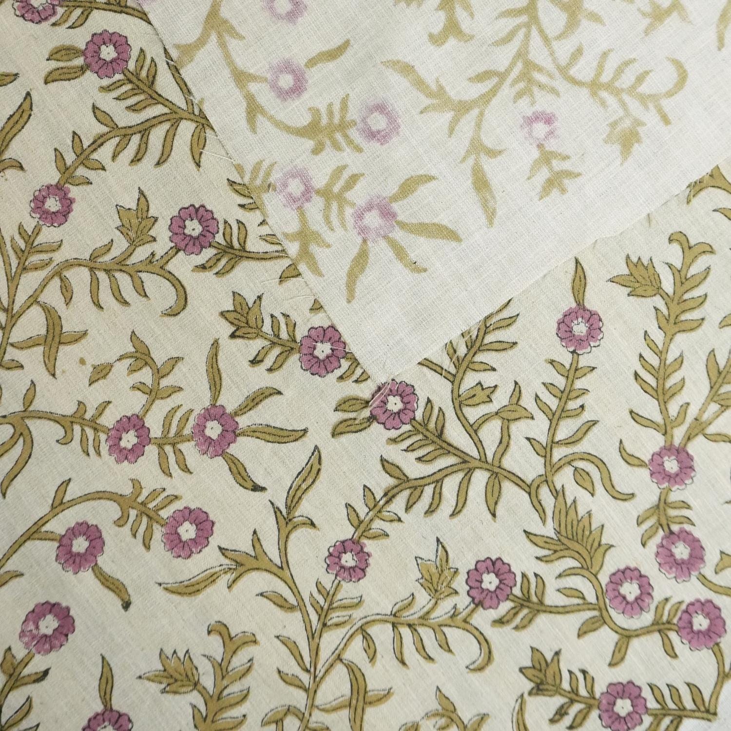 Block Printed Purple and Pastel Brown Floral Linen Blend Natural Fabric for Farmhouse Decor - SEHJAN