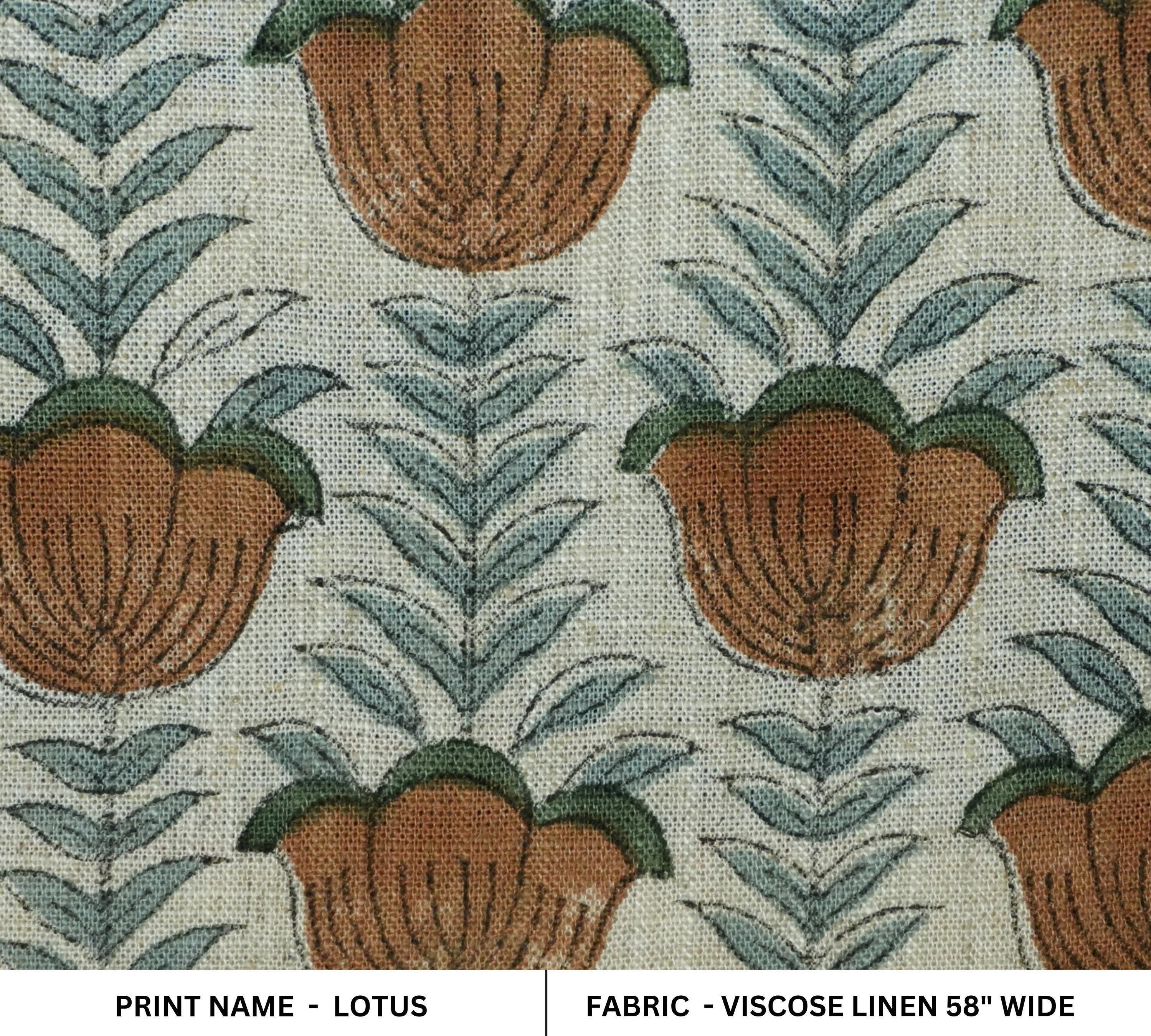 Block Print Fabric 58 Inch Width Light Weight Viscose Linen Natural Base Color and Floral Print Curtains and Drapes Pillow Covers Tablecloths and Runners Bedding Tote Bag Lampshades Napkins by Fabritual
