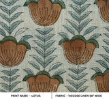 Handmade Artisan Block Printed Brown and Green Floral Viscose Linen 58'' Wide Fabric for Farmhouse Boho Decor - Lotus