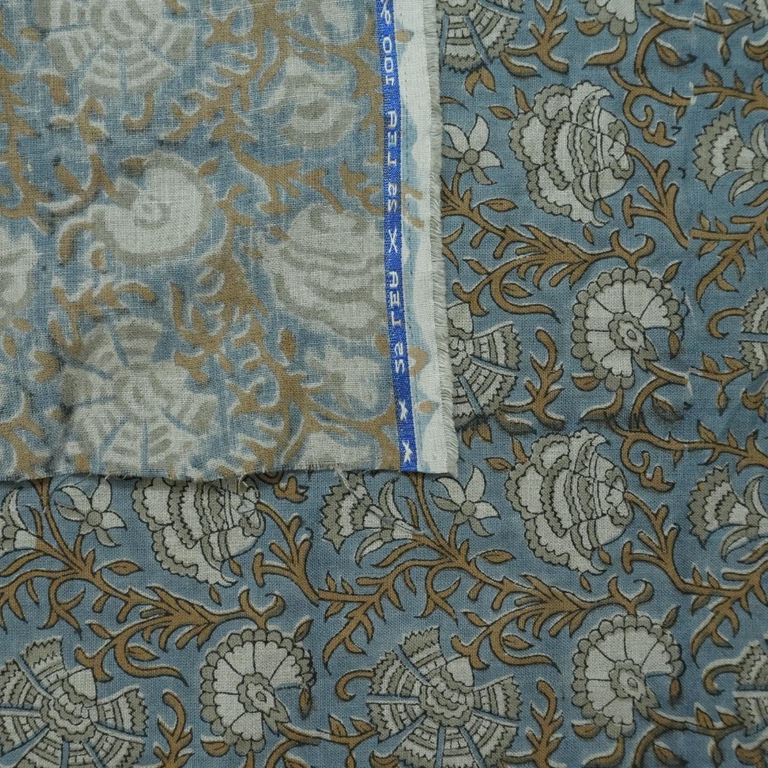 Linen Block Print Fabric 58 Inch Width Medium Weight Linen Natural Base Color Curtains and Drapes Upholstery Handmade Art Pillow Covers Tablecloths and Runners Bedding Tote Bag Lampshades by Fabritual