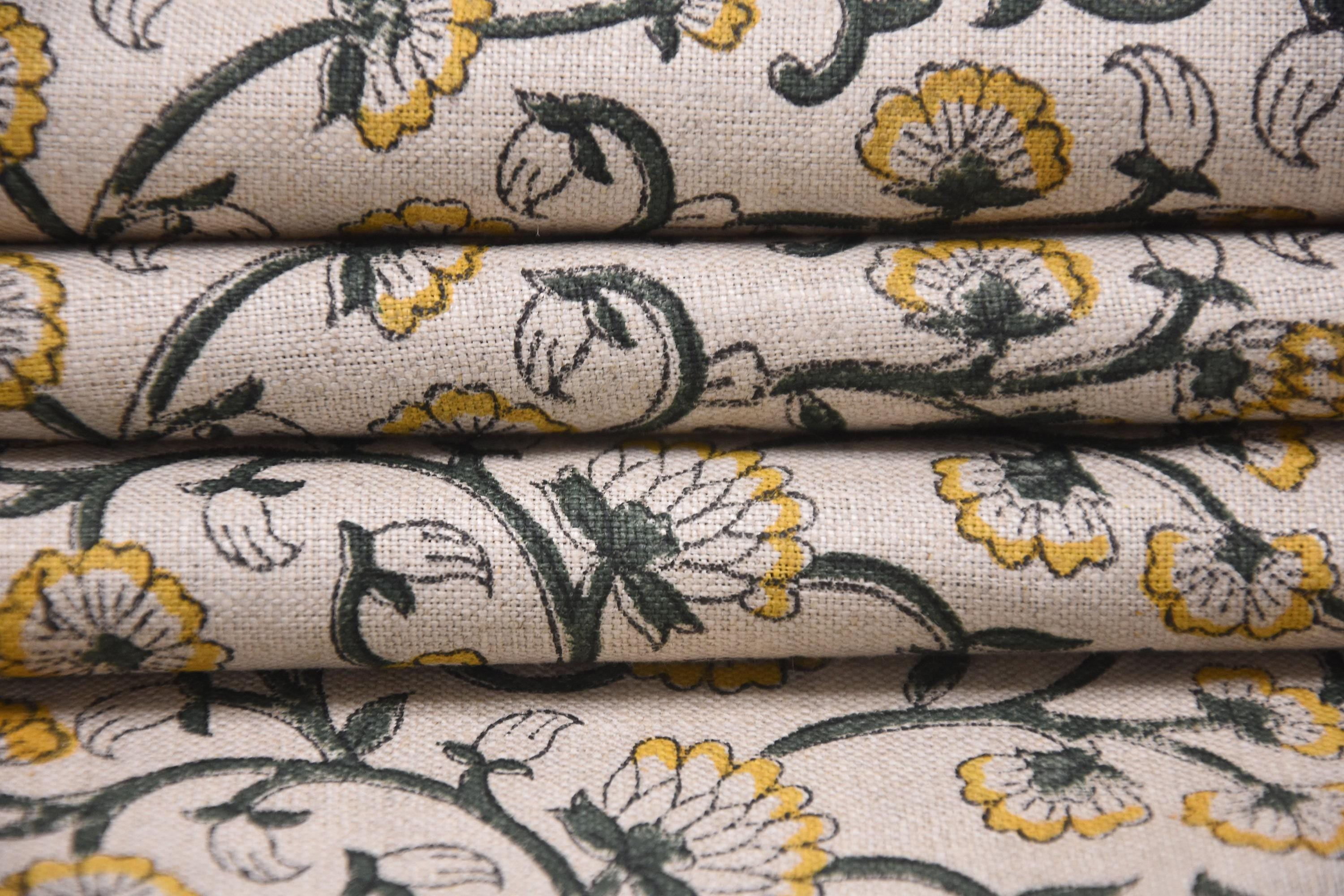 Linen Block Print Fabric 58 Inch Width Medium Weight Linen Natural Base Color Handmade Creative Design To Make Curtains and Drapes Upholstery Pillow Covers Tablecloths and Runners Lampshades Napkins