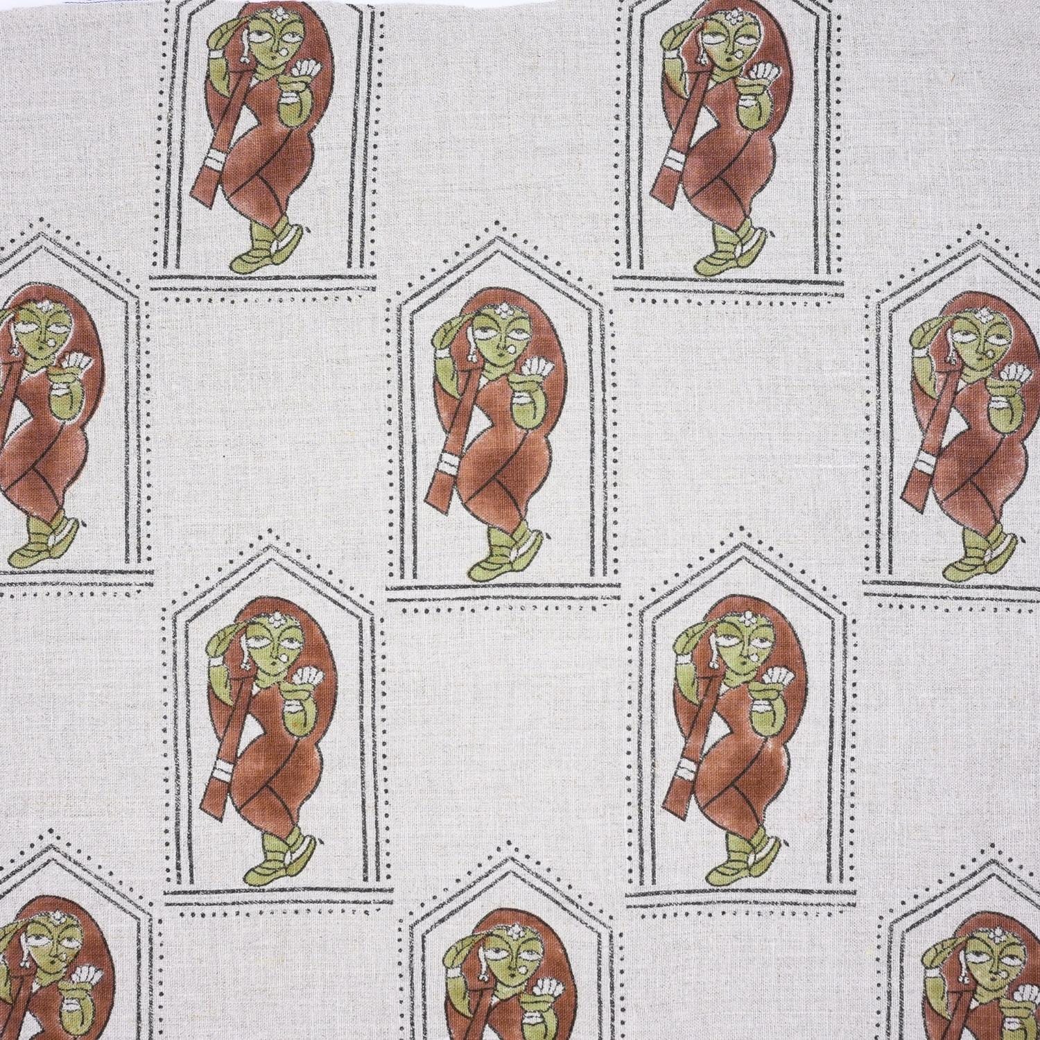 Indian Artisan Pure Linen Block Print in Brown and Green Sundari Fabric for Drapery & Upholstey