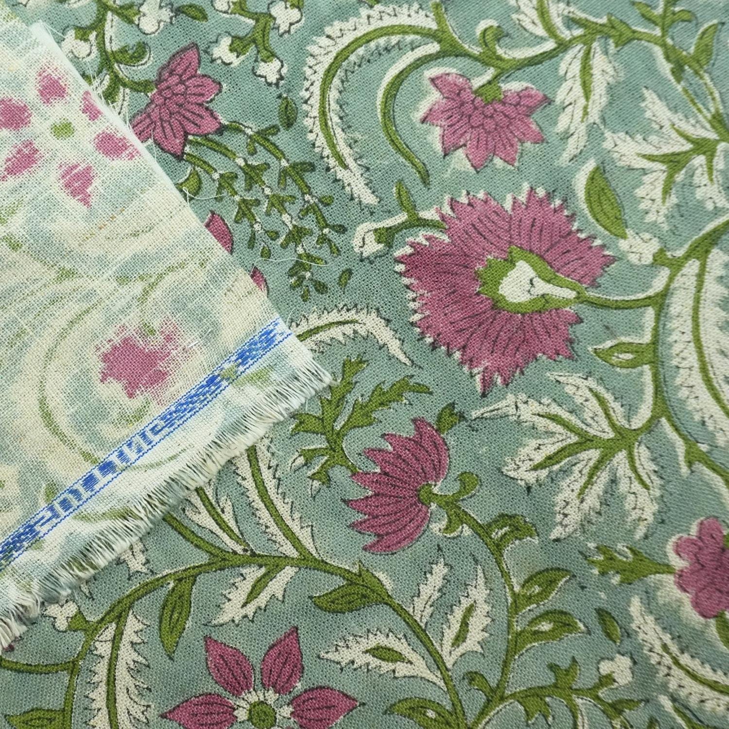 Indian Block Printed Premium Pure Linen Fabric in Rose and Mustard Green Floral for Couch & Sofa Covers - Kundanvan
