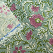 Indian Block Printed Premium Pure Linen Fabric in Rose and Mustard Green Floral for Couch & Sofa Covers - Kundanvan