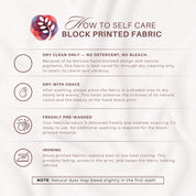 The image is a block printed fabric care guide that provides instructions on how to properly care for the fabric.