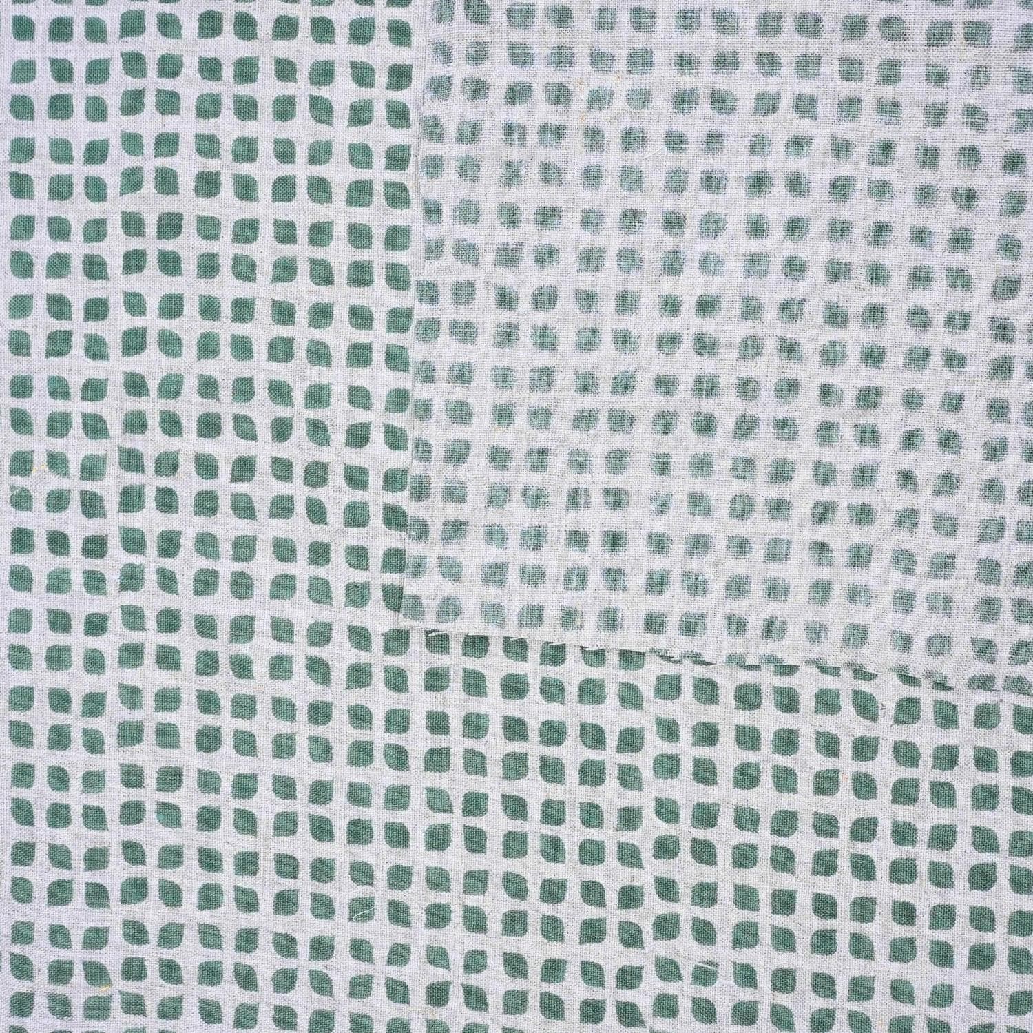 Pure Linen Hand Block Printed Sheen Green Floral Fabric for Couch Cover - Mandala