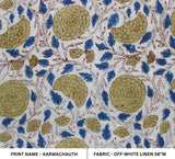 Indian Handblock Printed Blue and Green Floral Off-white Linen Fabric for Upholstery - KARWACHAUTH