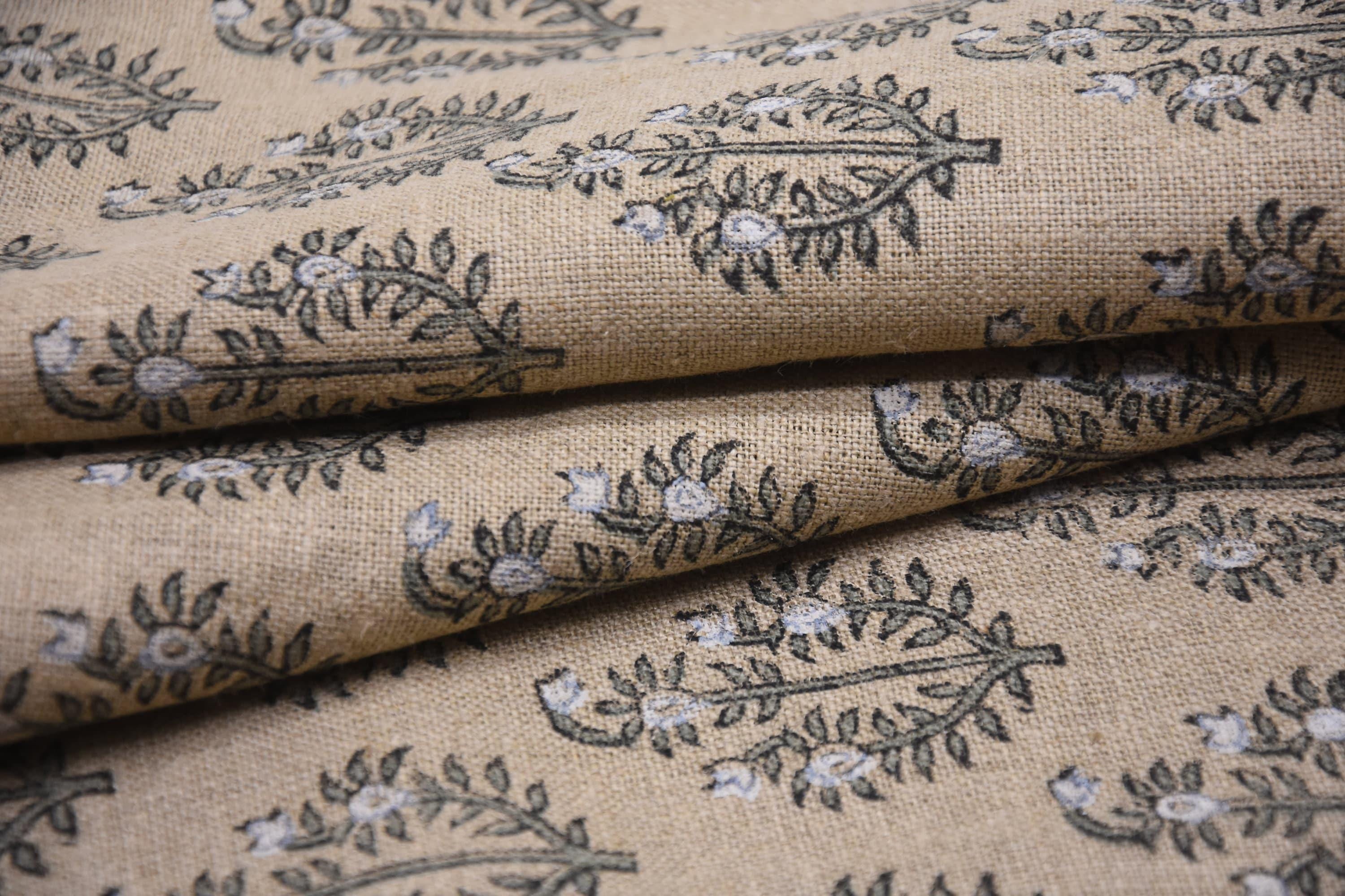 Linen Block Print Fabric 58 Inch Width Heavy Linen Natural Base Color Curtains and Drapes Upholstery Pillow Covers Bedding Tote Bag by Fabritual