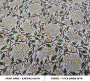 Block Print Linen Fabric, Karwachauth Green Floral Vine Block Print Linen Fabric. Fabric For Cushion, Pillow, Upholstery And Curtains, Also Available Duck Canvas