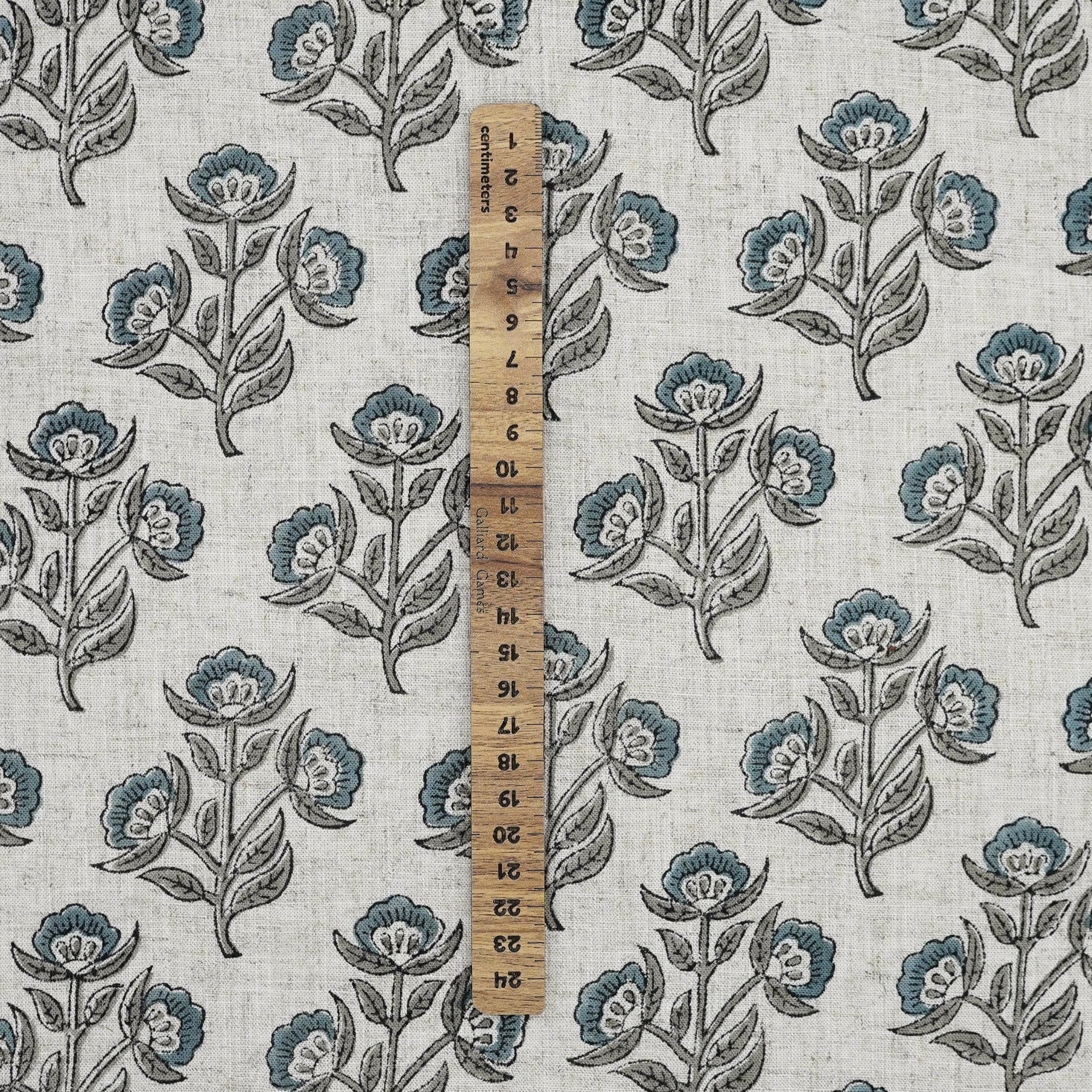 Handmade Bluish and Gray Floral Block Printed Viscose Linen Fabric 58" Wide for Pillows, Curtains – BELPATRA