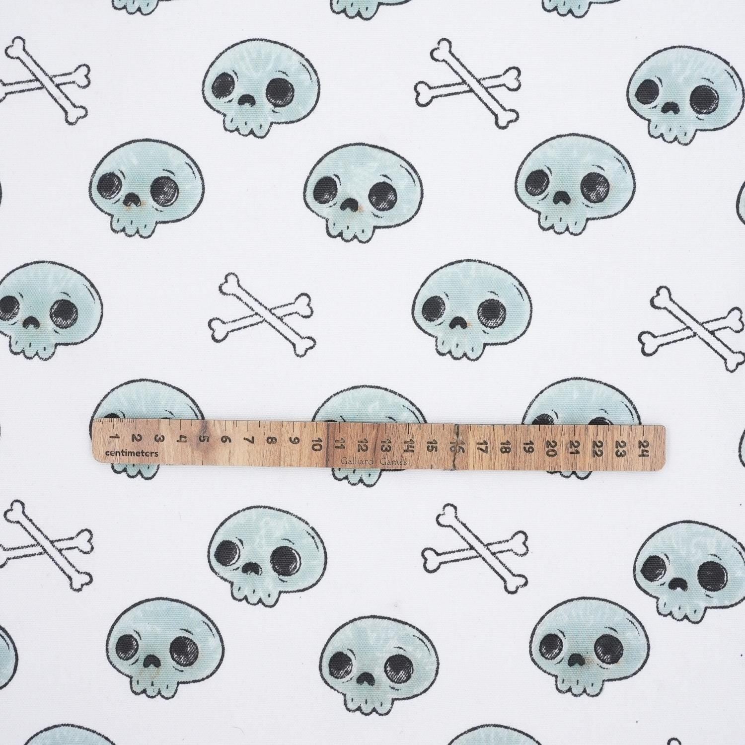 Indian Art Skeleton Print in Blue and Black Handmade Thick Cotton White Halloween Fabric for Table Cover