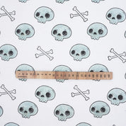Indian Art Skeleton Print in Blue and Black Handmade Thick Cotton White Halloween Fabric for Table Cover