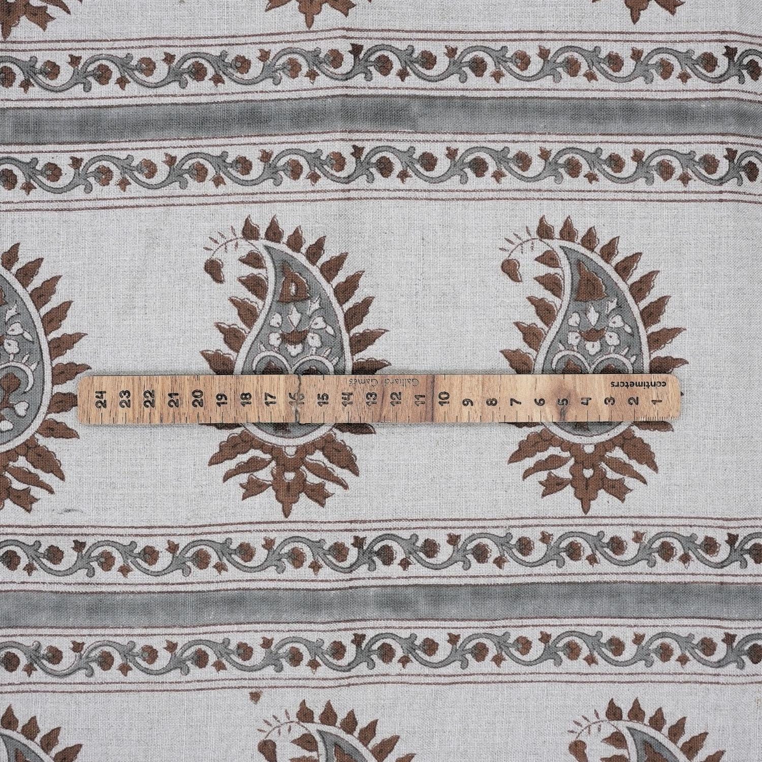 Handcrafted Brown and Gray Floral Cushion Fabric on Pure Linen with Basant Bela Design