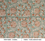 Pure Linen Fabric with Brown & Dolphin Gray Floral Block Print Decorative Indian Handmade Art for Curtains – 6 KAMAL