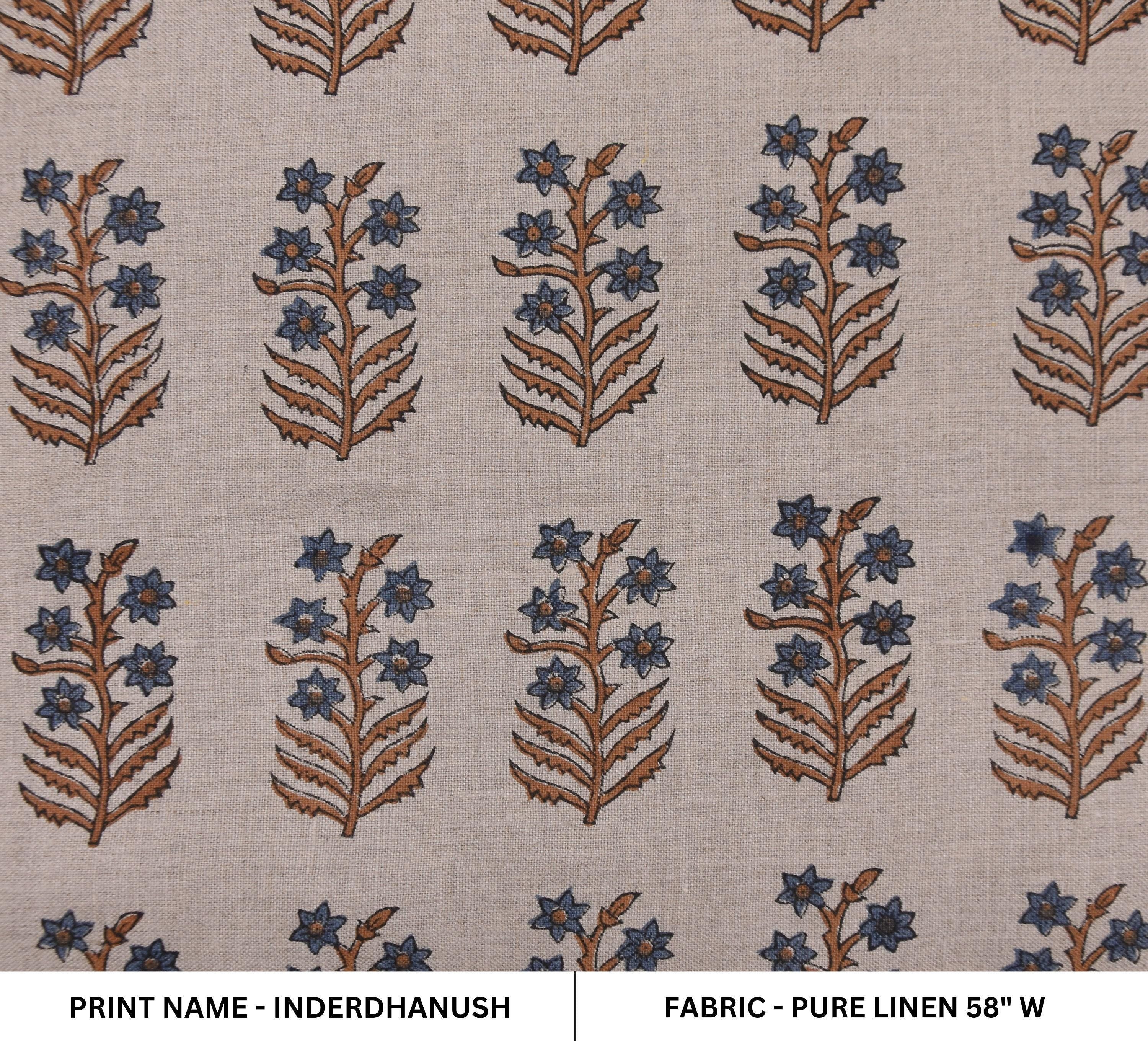 Linen Block Print Fabric 58 Inch Width Medium Weight Linen Natural Base Color Curtains and Drapes Upholstery Handmade Art Pillow Covers Tablecloths and Runners Bedding Tote Bag Lampshades Napkins by Fabritual