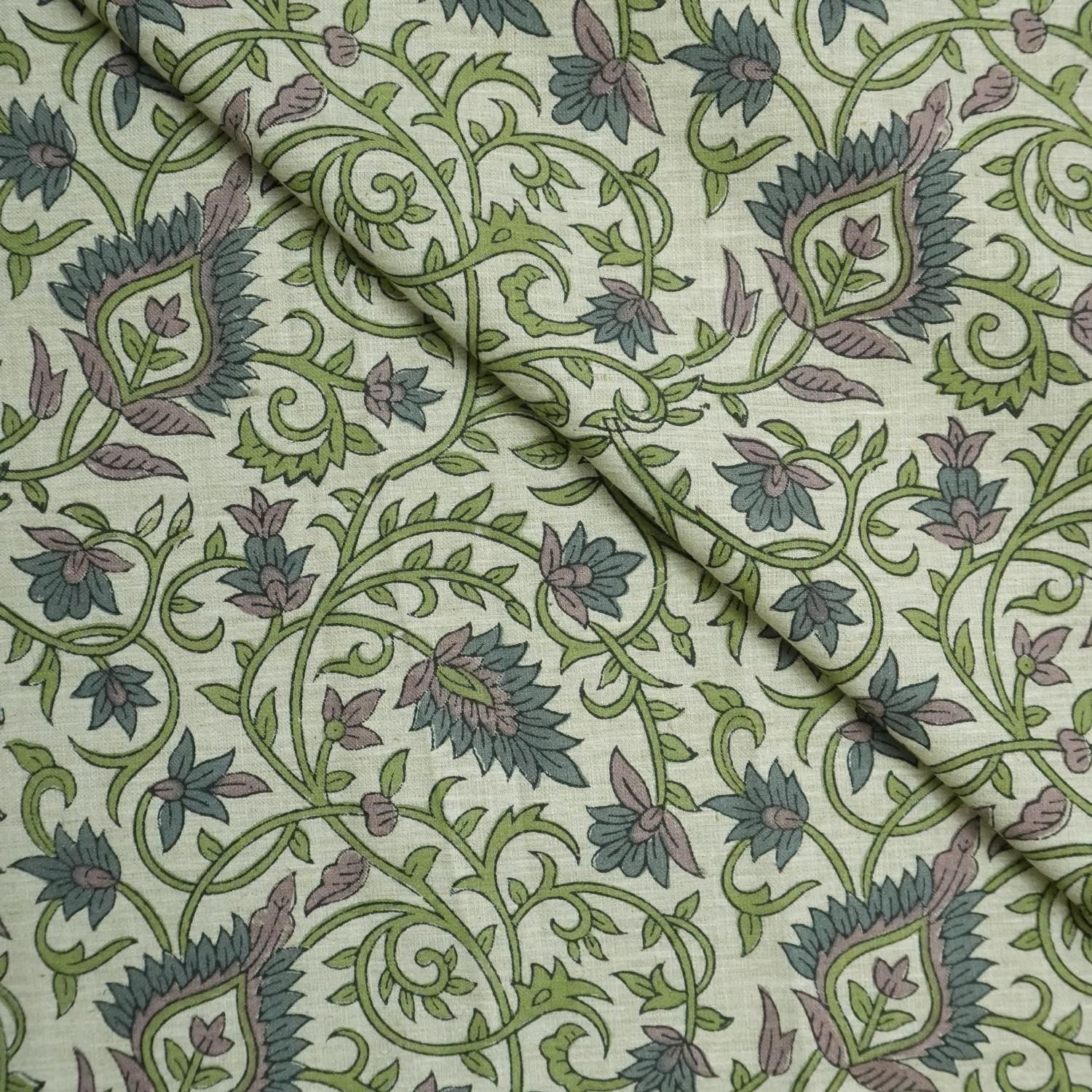 LINEN BLEND NATURAL HAND BLOCK PRINT FABRIC FOR CUSHION PILLOW AND DRAPERY LINENS - HAWAMAHAL