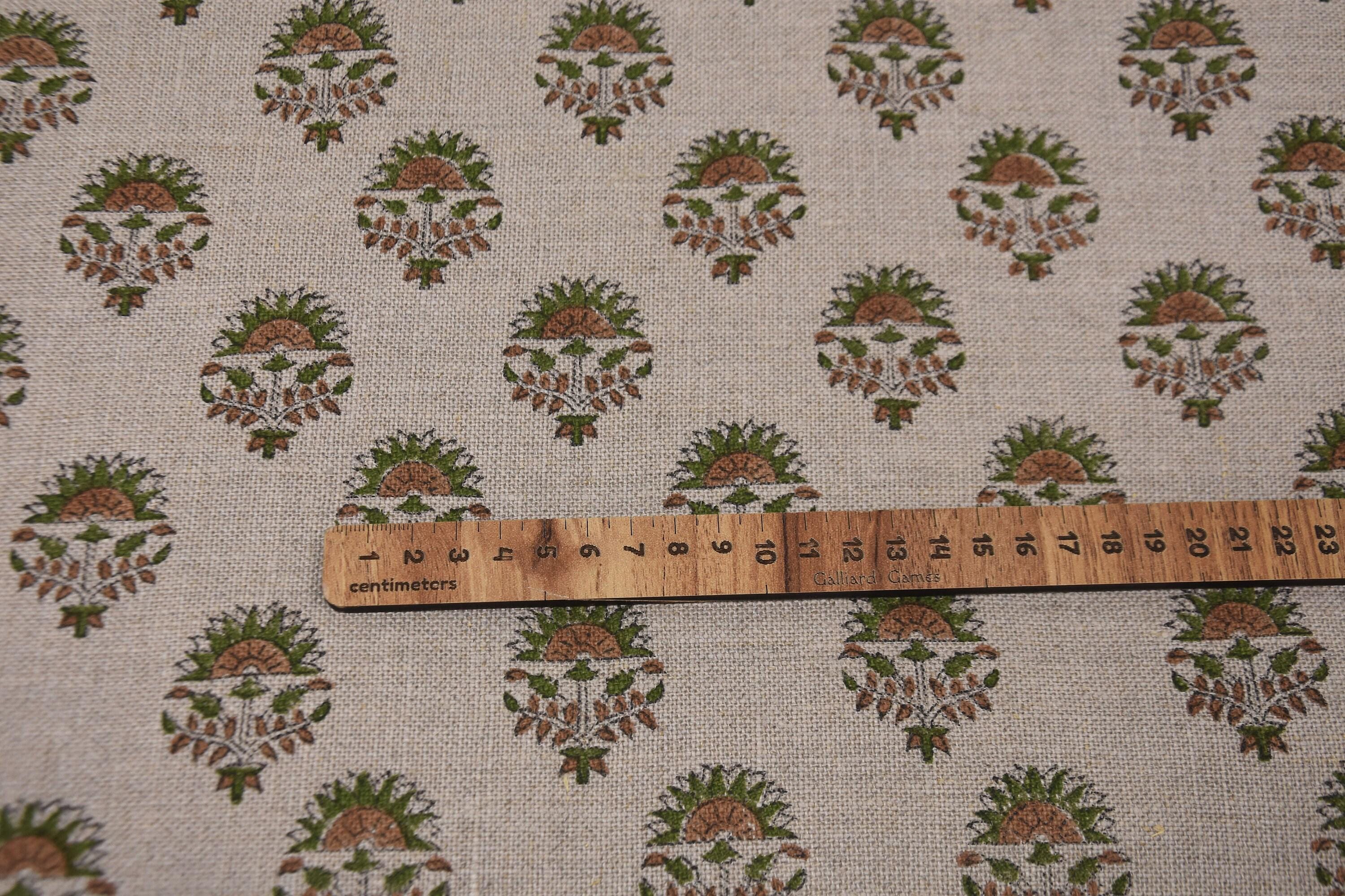 Linen Block Print Fabric 58&quot; Width Heavy Linen Natural Base Color Curtains and Upholstery Pillow Covers Tablecloths and Runners Bedding Tote Bag by Fabritual