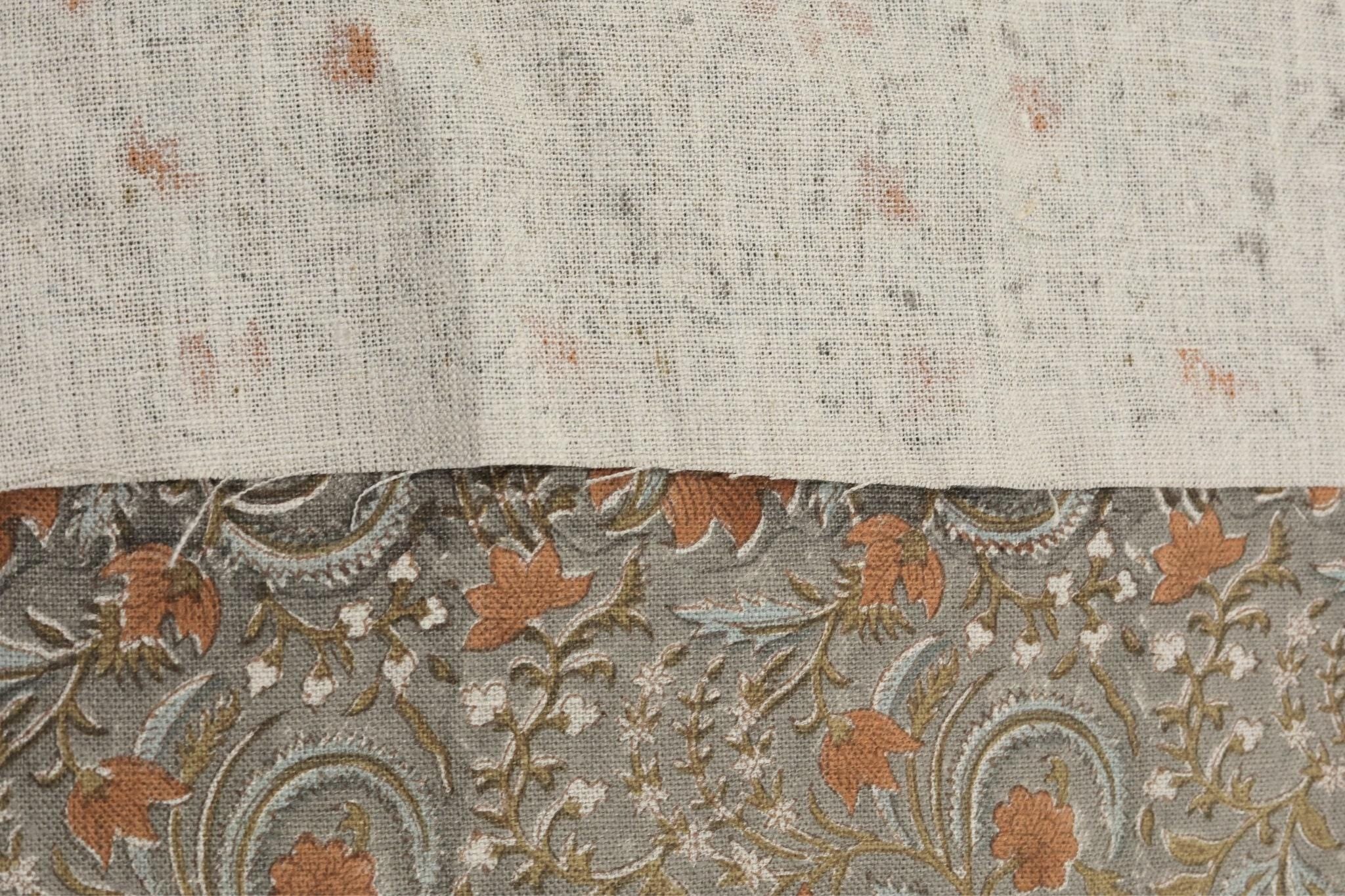 Indian Hand Stamped Block Printed Thick Linen Pure Fabric in Bronze and Gray Floral for Living Room Decor – Kundanvan