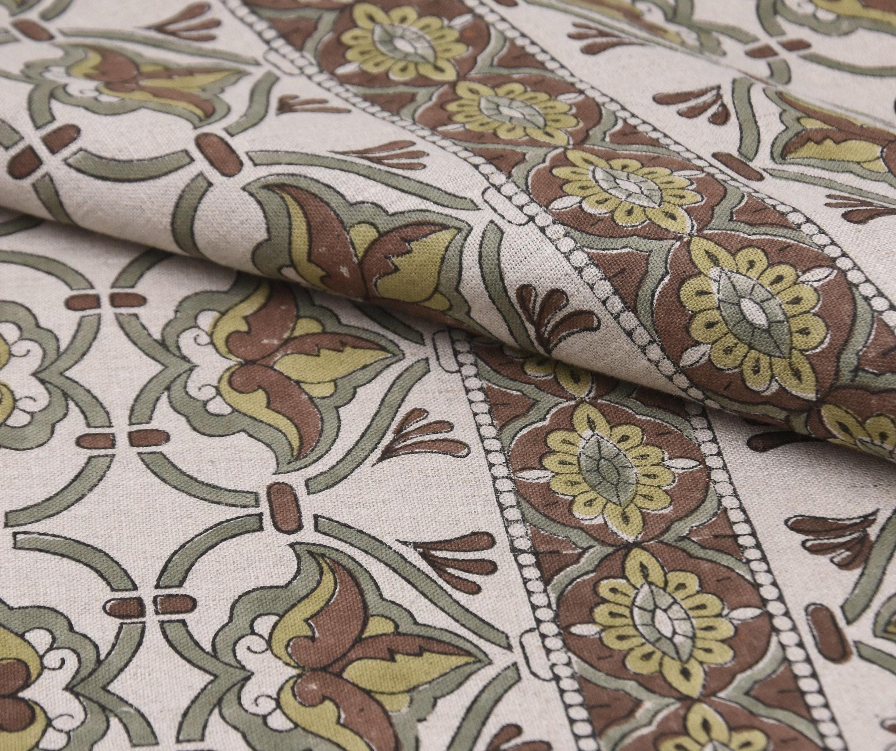 Linen Block Print Fabric 58 Inch Width Medium Weight Linen Natural Base Color Curtains and Drapes Upholstery Handmade Art Pillow Covers Tablecloths and Runners Bedding Tote Bag Lampshades Napkins by Fabritual