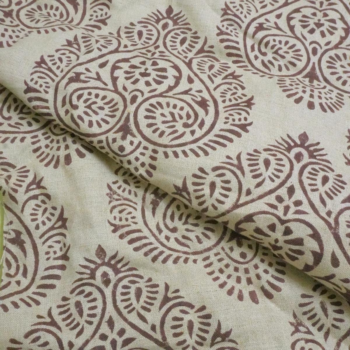 Indian Hand Stamped Block Printed Pure Linen Pastel Gray and Coconut Floral Fabric – RANG REKHA