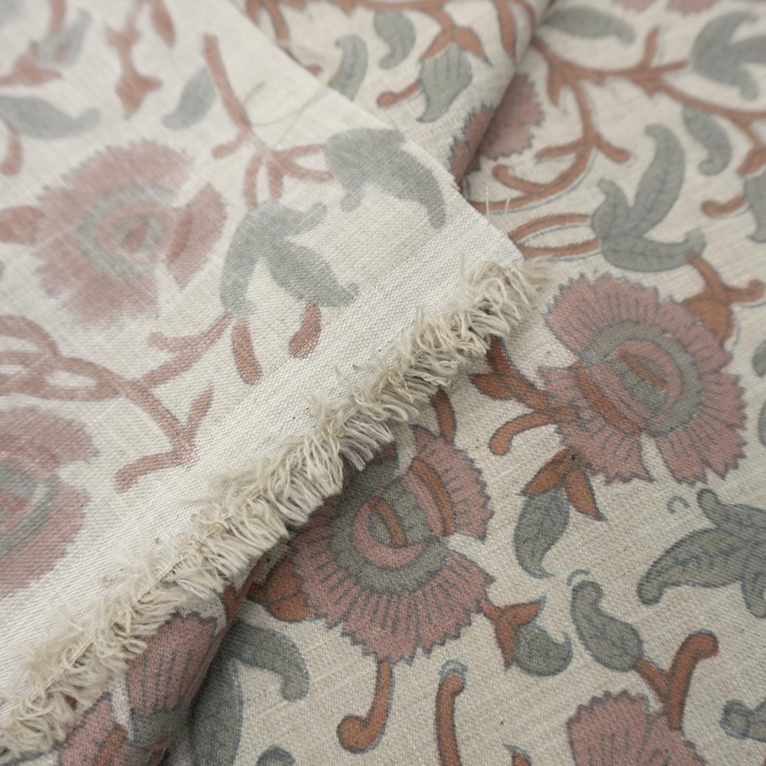 Linen Block Print Fabric Linen Blend 58 Inch Width Light Weight Linen Natural Base Color Curtains and Drapes Upholstery Handmade Art Tablecloths and Runners Bedding Tote Bag Lampshades Napkins by Fabritual