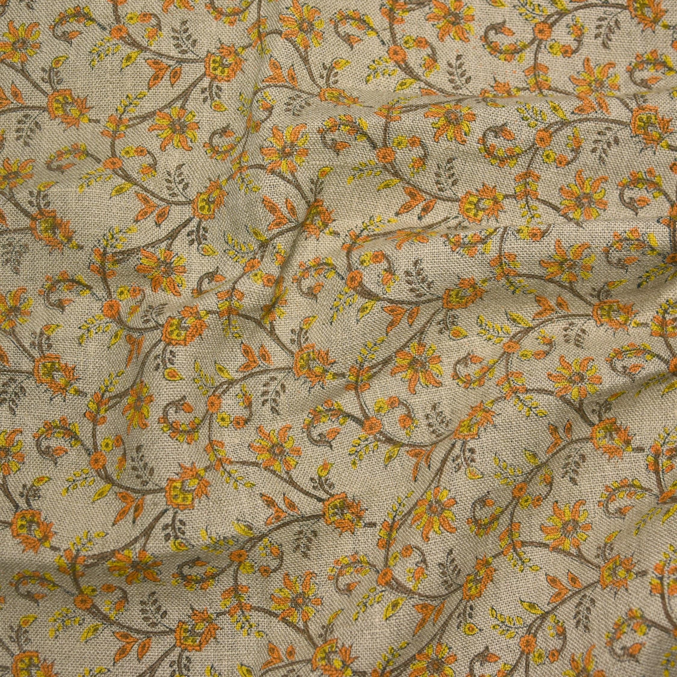 Handcrafted Block Printed Pure Linen Varanasi Orange and Yellow Floral Premium Fabric Design for Home Decor