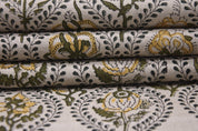Hand Block Printed AMARBEL 58" Wide Pure Linen Fabric in Green & Mustard Big Floral for Lampshades
