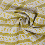 Hand Block Printed Decorative Mustard and Green Floral Pure Linen Fabric for Upholstery - Phool Dali