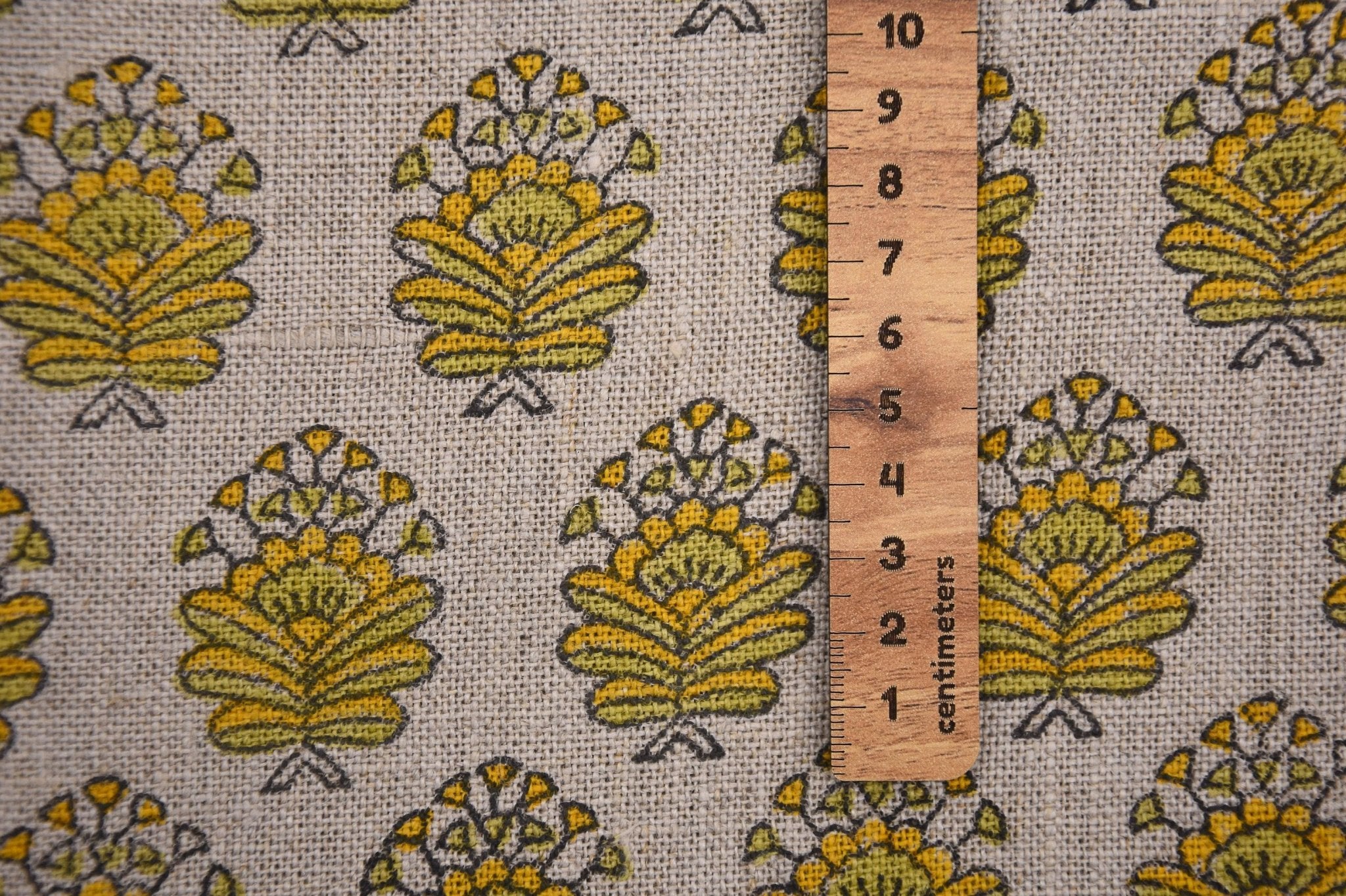 Indian Made Block Printed Thick Pure Linen 58" Wide Yellow and Green Floral Fabric for Sofa Covers – Bheeshma