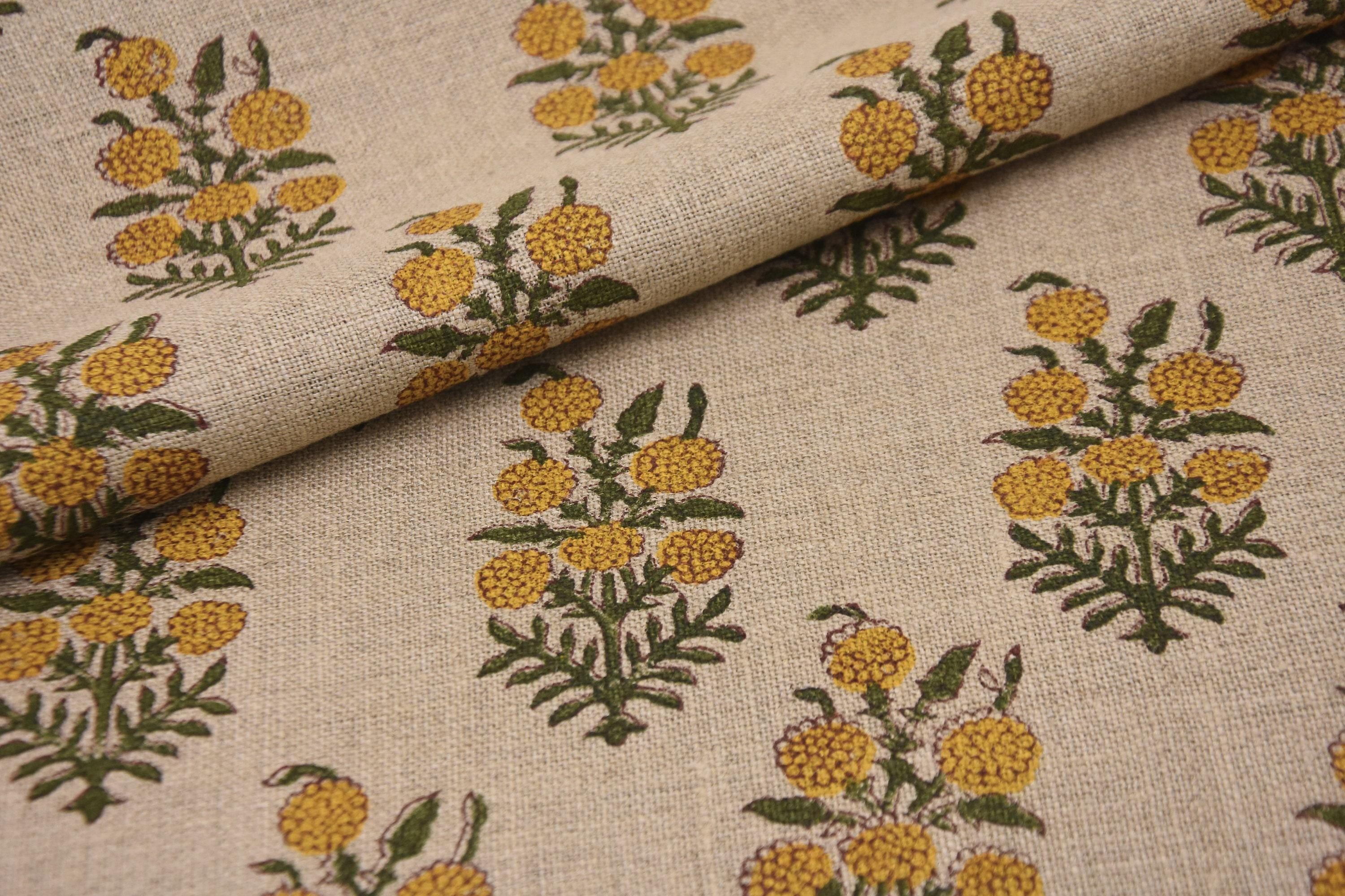 Linen Block Print Fabric 58 Inch Width Heavy Weight Linen Natural Base Color Curtains and Drapes Upholstery Handmade Art Pillow Covers Tablecloths and Runners Lampshades Napkins by Fabritual