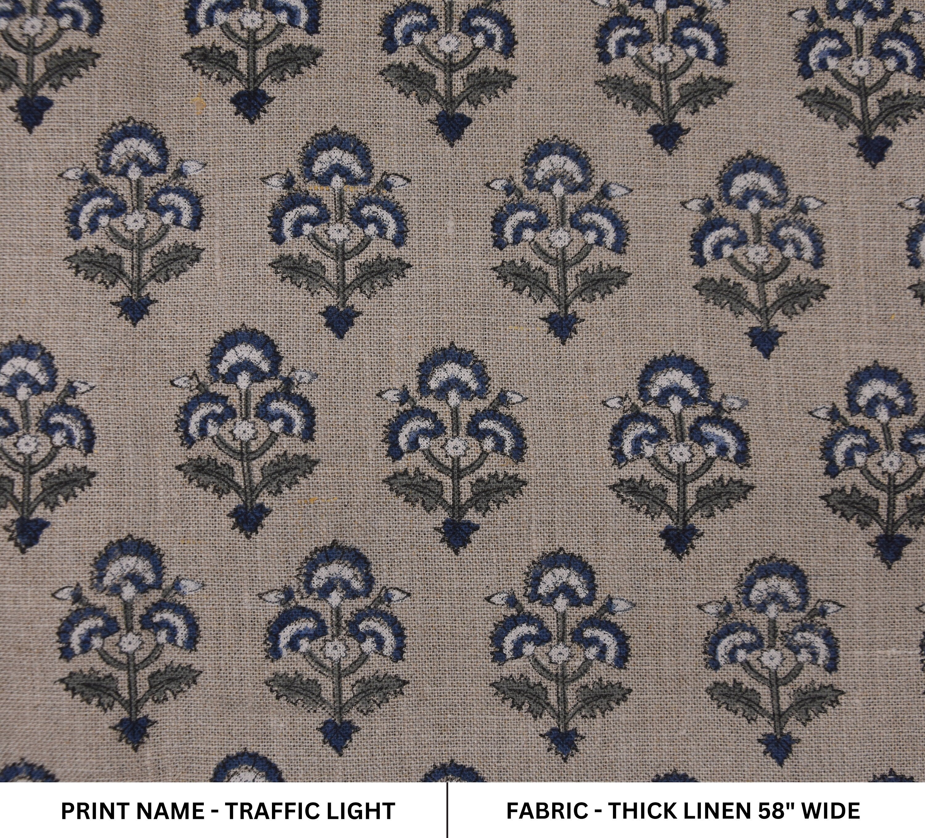 Handmade Black Olive and Charcoal Floral Block Printed Thick Linen Fabric 58" Wide for Decorative Pillows – Traffic Light