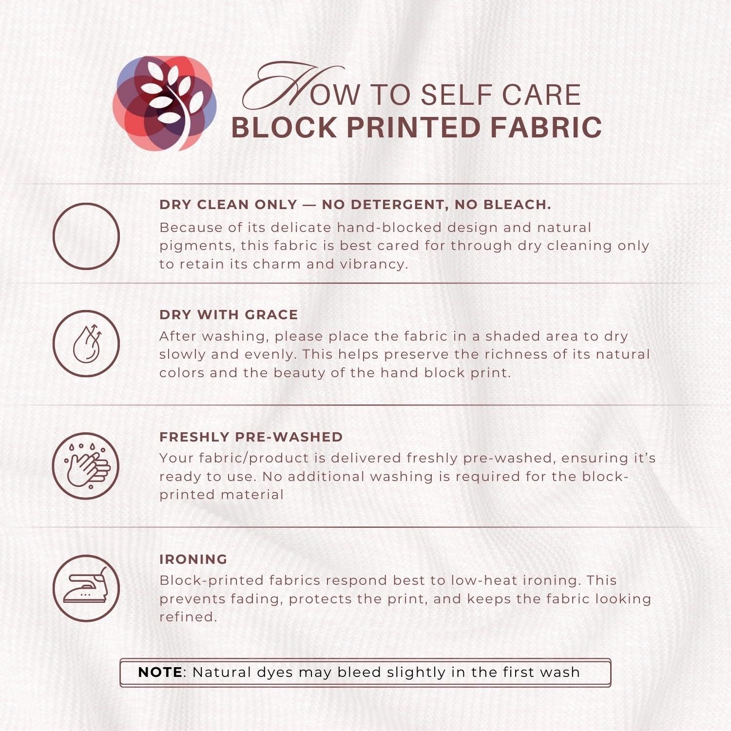The image is a block printed fabric care guide that provides instructions on how to properly care for the fabric.