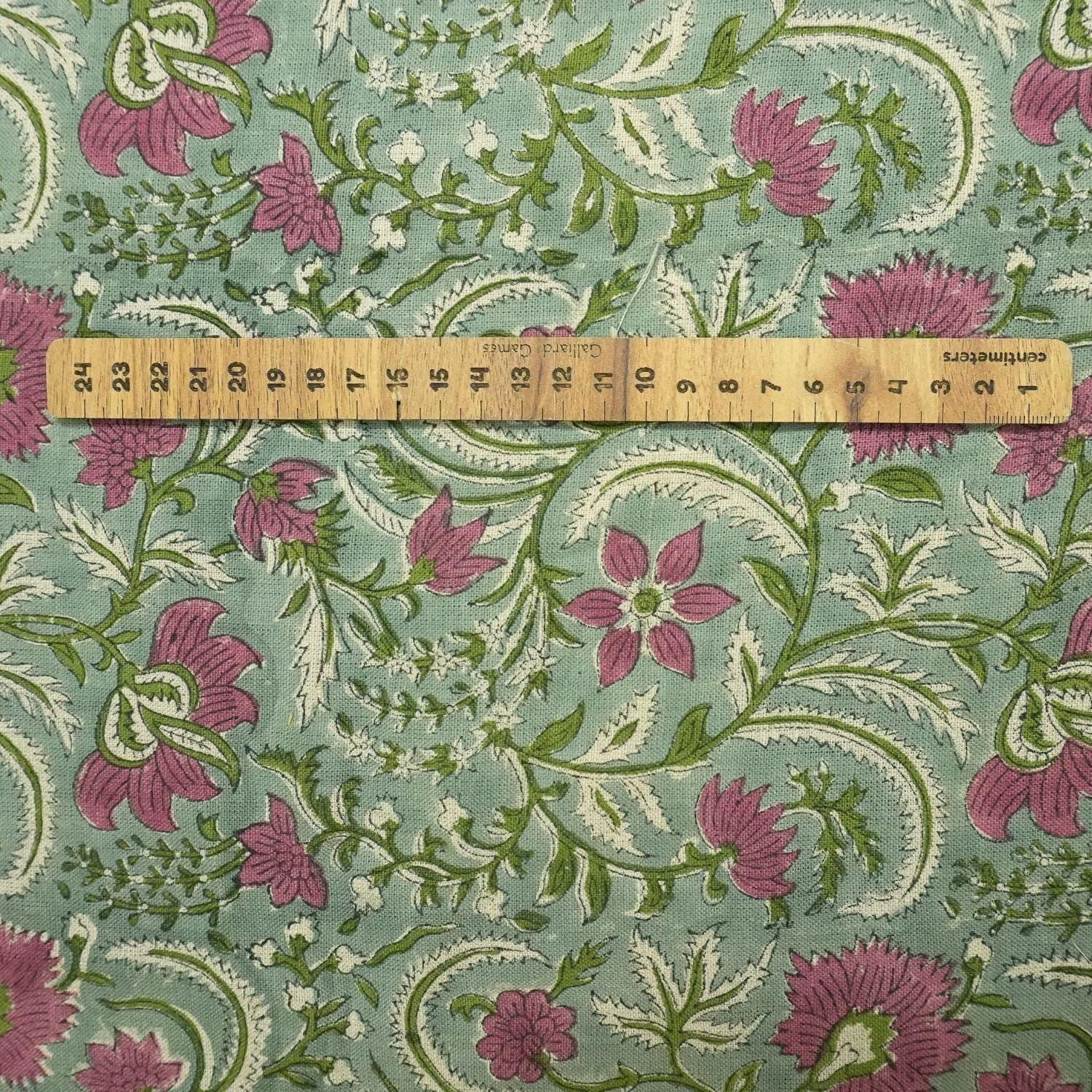 Indian Block Printed Premium Pure Linen Fabric in Rose and Mustard Green Floral for Couch & Sofa Covers - Kundanvan