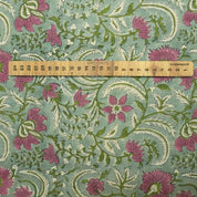 Indian Block Printed Premium Pure Linen Fabric in Rose and Mustard Green Floral for Couch & Sofa Covers - Kundanvan