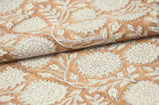 Block Printed Duck Canvas Fabric in Mediumweight Material in Bronze and Beige Floral for Window Curtains - RAJAT