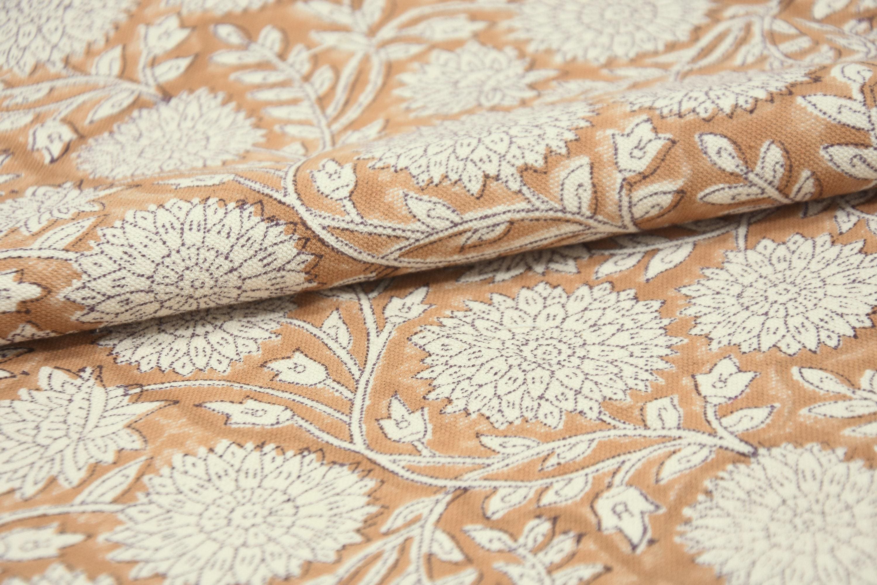 Block Printed Duck Canvas Fabric in Mediumweight Material in Bronze and Beige Floral for Window Curtains - RAJAT