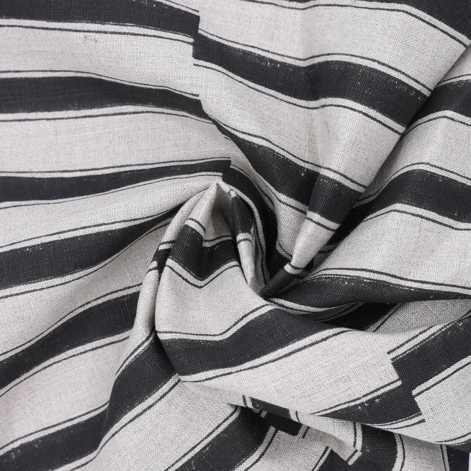 Hand Block Printed Black Stripe Pure Linen Boho Fabric for Curtains & Sofa Covers - Lekh Design