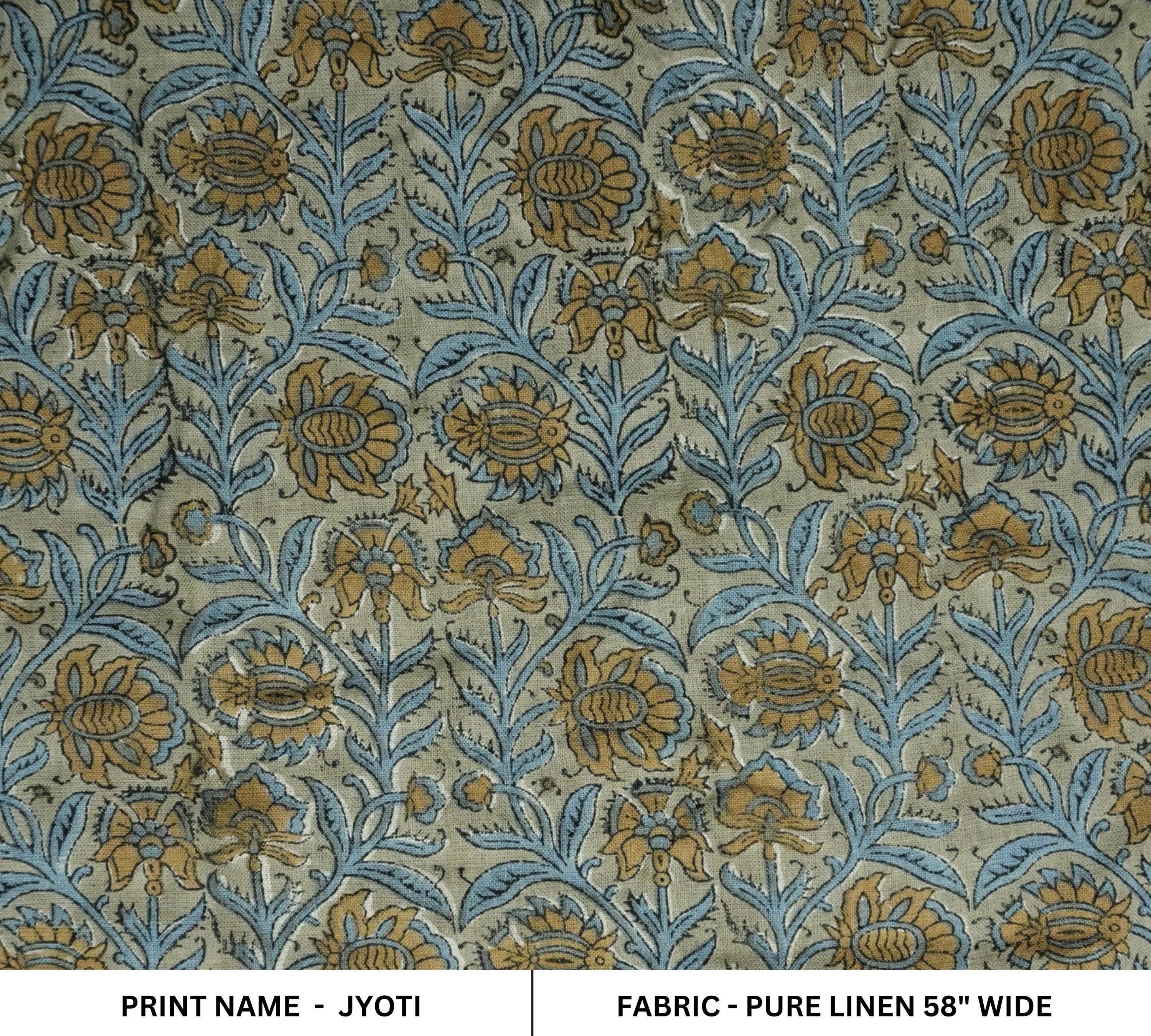 Linen Block Print Fabric 58 Inch Width Medium Weight Linen Natural Base Color Curtains and Drapes Upholstery Handmade Art Pillow Covers Tablecloths and Runners Bedding Tote Bag Lampshades Napkins by Fabritual