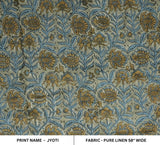 Handmade Indian Blue and Bronze Metallic Floral Block Printed Boho Pure Linen Fabric 58" Wide for Table – Jyoti