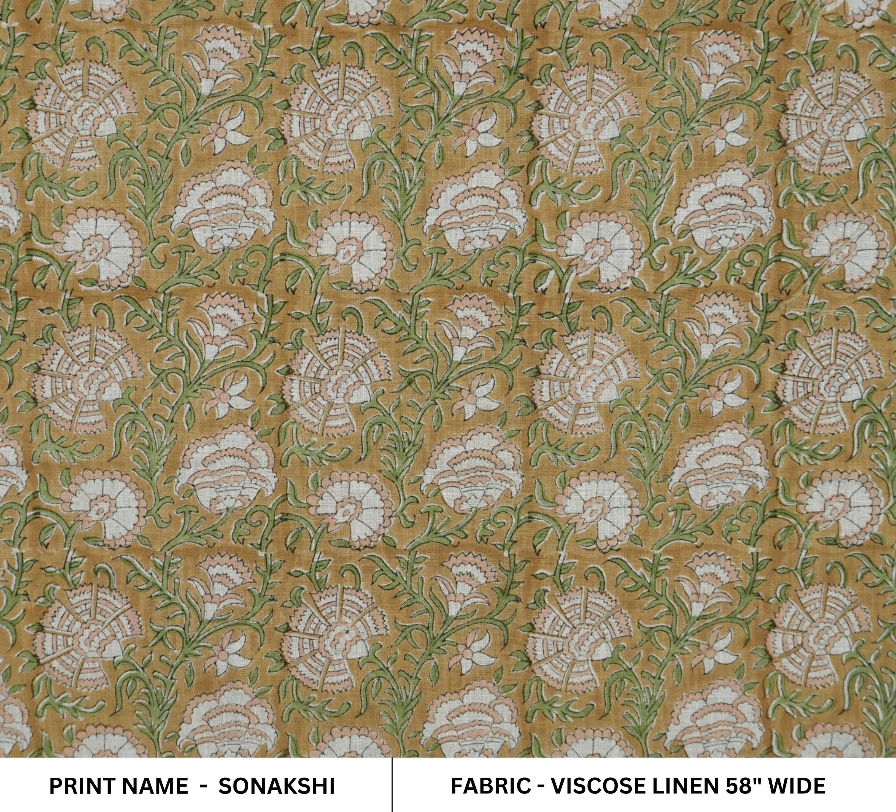 RUST FLORAL BLOCK PRINT VISCOSE LINEN TABLE NAPKINS AND WINDOW TREATMENT FABRIC HOME DECOR - SONAKSHI