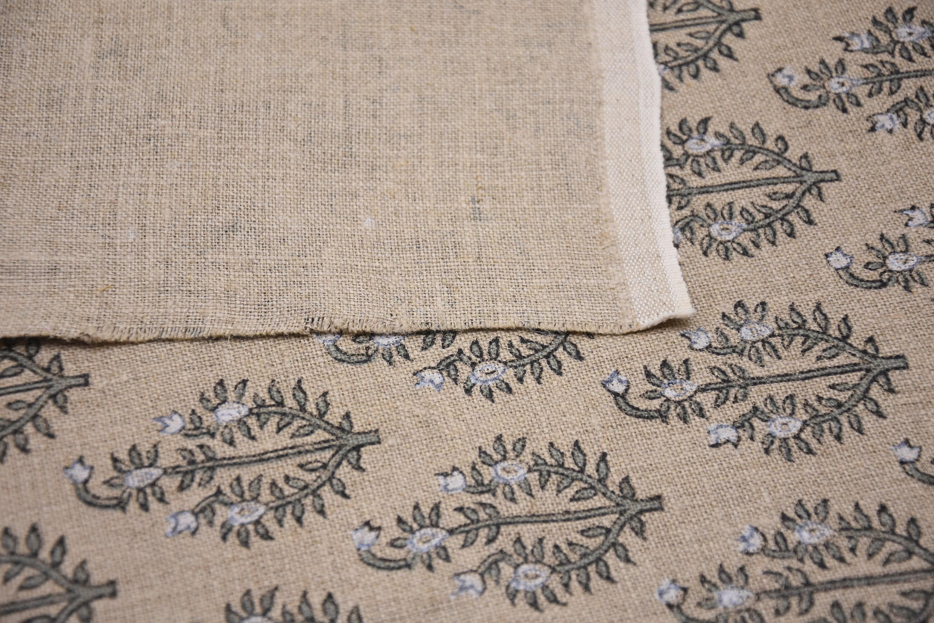 Linen Block Print Fabric 58 Inch Width Heavy Linen Natural Base Color Curtains and Drapes Upholstery Pillow Covers Tablecloths and Runners Bedding Tote Bag