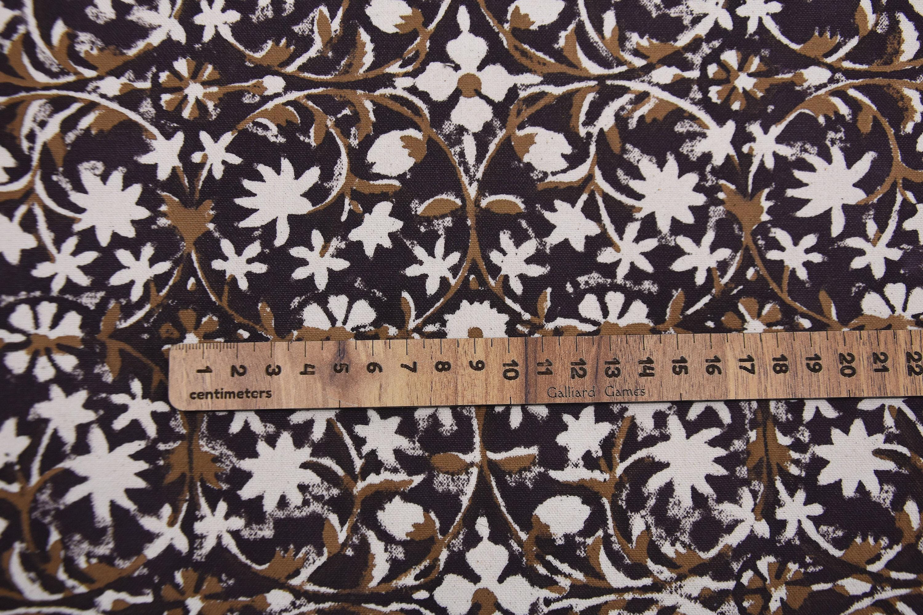 Indian Hand Block Printed Duck Canvas Dark Purple and Bronze Floral Fabric for Cushion Covers – Mahalakshmi