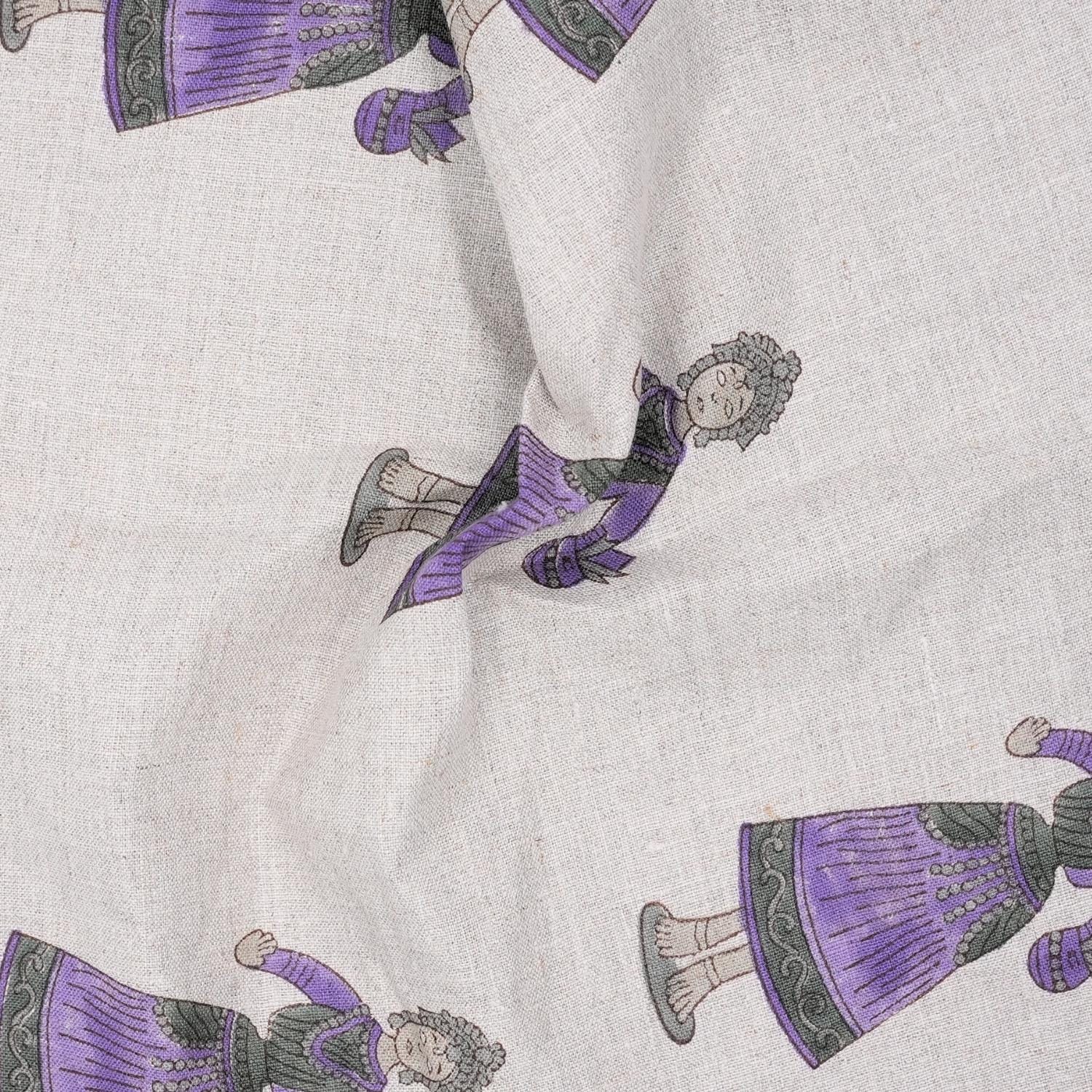 Handmade Art Block Print Decorative Katputli in Purple and Gray on Pure Linen Fabric for Cushion Cover