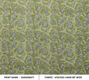 GREEN FLORAL PRINT VISCOSE LINEN HAND BLOCK PRINT FABRIC FOR LINEN DRAPERY AND BOHO DECORATIVE PILLOW - SARASWATI