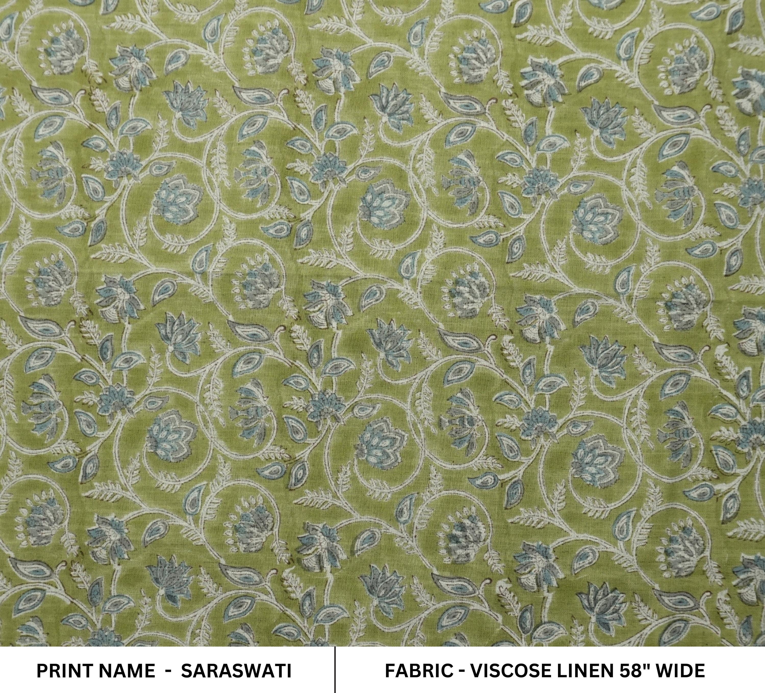 GREEN FLORAL PRINT VISCOSE LINEN HAND BLOCK PRINT FABRIC FOR LINEN DRAPERY AND BOHO DECORATIVE PILLOW - SARASWATI