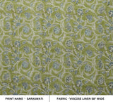 HAND BLOCK PRINTED GREEN FLORAL VISCOSE LINEN FABRIC FOR BOHO DECORATIVE PILLOW - SARASWATI