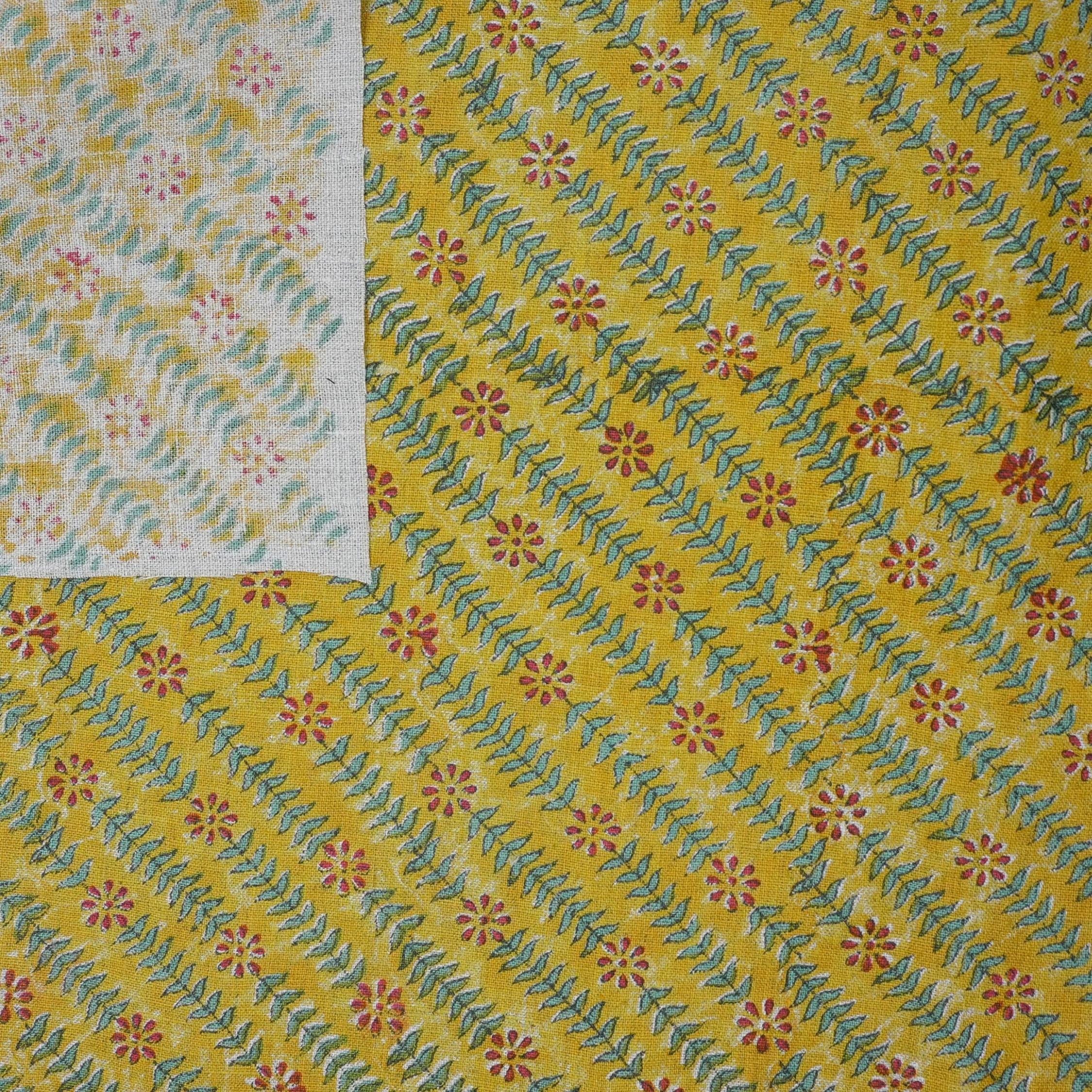 Handmade Boho Brown and Blue Floral Pure Linen Textiles Fabric for Farmhouse Decor with Taru Design