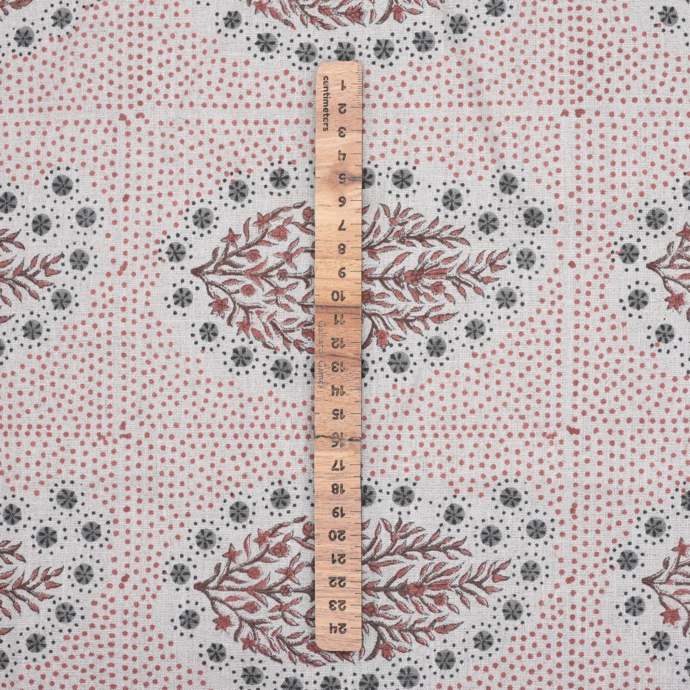 Indian Ancient Block Print Window Curtain Fabric on Natural Linen with Brown and Gray Floral - Vatika Design