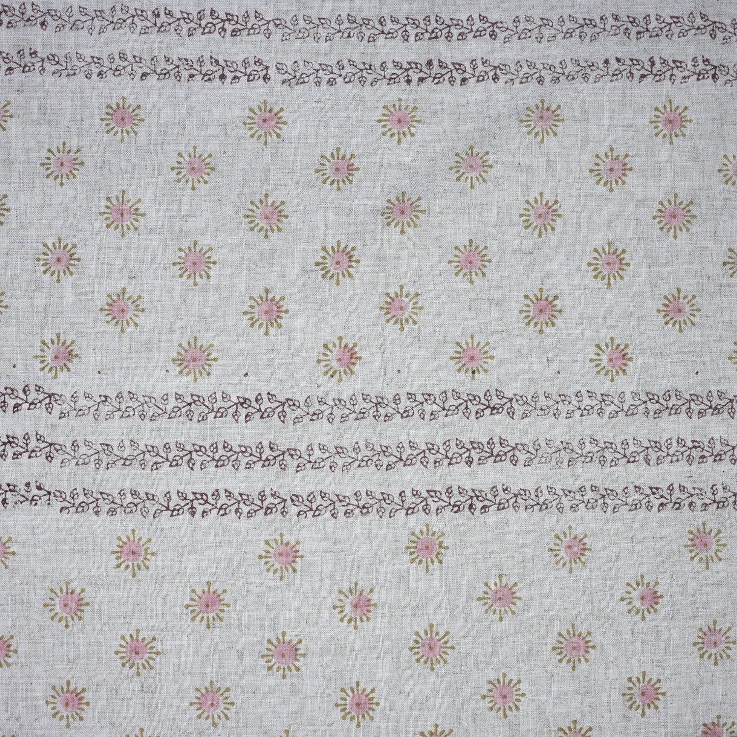 Handmade Pink Floral Viscose Linen Fabric for Cushions & Curtains - Happy Bloom Border 